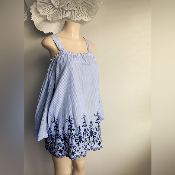 Zara Striped Floral Embroidered Shirt Mini Dress Long Sleeve Eyelets Victorian - Picture 7 of 13